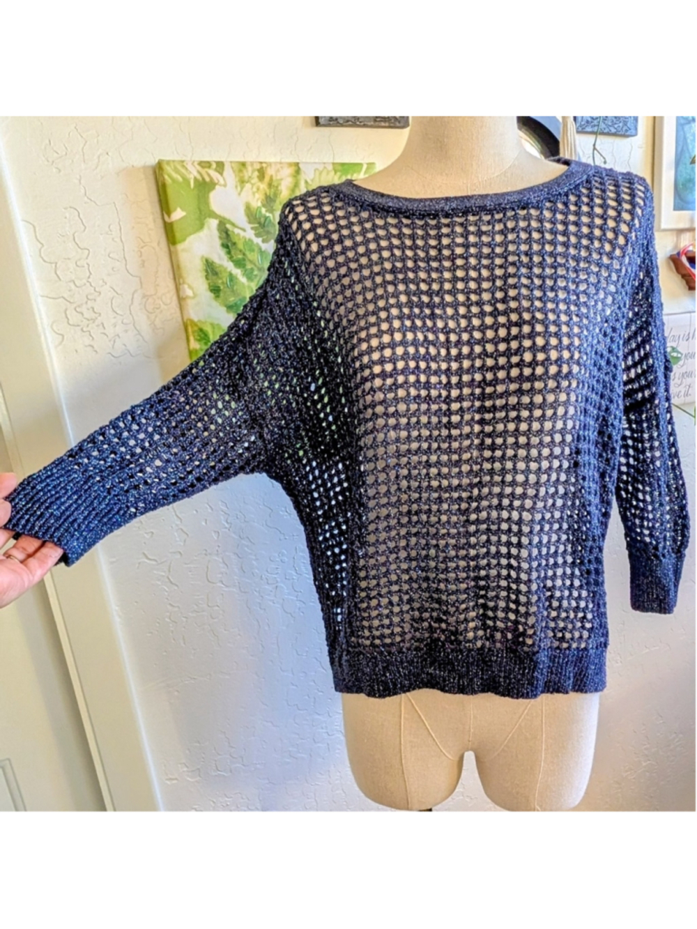 Navy Stardust Open-Weave Scoop Neck Sweater BOHO Festival Whimsicraft Express